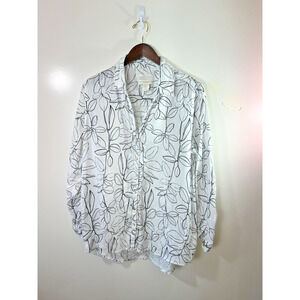 Cynthia Rowley Women’s Linen Blouse Size L Black White Floral Beachy Cottagecore